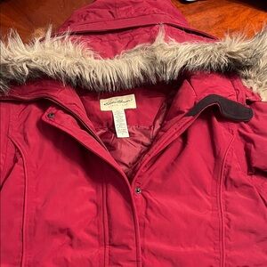 Eddie Bauer Women's Burgundy Ski Jacket with Faux Fur Trim